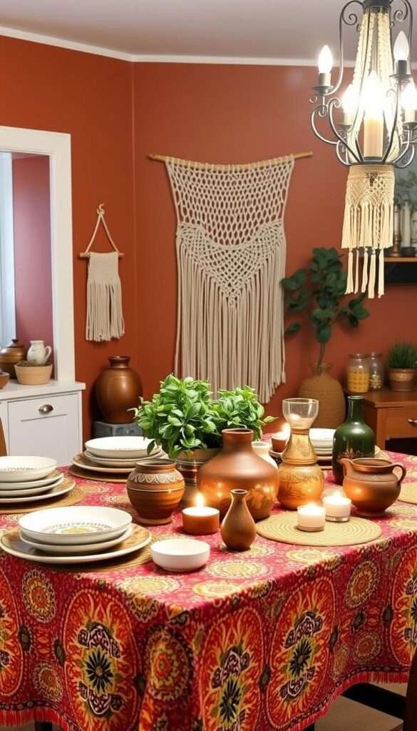 A cozy bohemian kitchen tableau with a rustic wooden table draped in a vibrant patterned tablecloth. In the foreground, an assortment of eclectic dinnerware, handcrafted ceramic vases, and a cluster of tealight candles create a warm, inviting ambiance. The middle ground features a lush, potted plant and a set of mismatched woven placemats. The background showcases earthy terracotta walls, accented by a delicate macrame wall hanging and a wrought-iron chandelier casting a soft, golden glow. The overall scene exudes a relaxed, lived-in charm that embodies the essence of a vibrant boho kitchen.