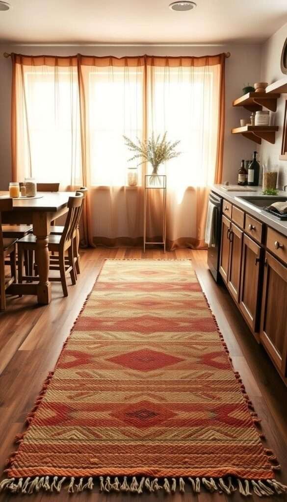 A cozy bohemian-style farmhouse kitchen, filled with natural light and rustic textures. In the foreground, a plush, handwoven area rug in earthy tones of terracotta, mustard, and sage, with a subtle geometric pattern that adds visual interest. The rug is complemented by a sturdy, wooden kitchen table and chairs, their weathered surfaces echoing the room's vintage aesthetic. In the middle ground, a long, winding runner in a complementary color palette leads the eye towards the kitchen countertops, where jars of dried herbs and a cutting board with fresh produce add pops of color. The background features sheer, flowing curtains that gently sway in the breeze, softening the space and creating a serene, cozy atmosphere. Warm, diffused lighting casts a gentle glow, highlighting the natural textures and welcoming ambiance of this Boho Farmhouse kitchen.