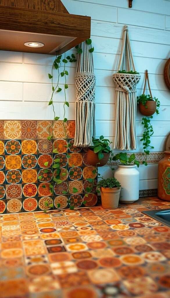 A cozy boho-chic kitchen backsplash, with intricate patterns in warm earth tones. The foreground features an artful mosaic of handcrafted terracotta tiles, their glazed surfaces reflecting the soft, ambient lighting. In the middle ground, trailing plants and macrame wall hangings add a touch of organic charm. The background showcases a whitewashed shiplap wall, providing a rustic yet refined canvas for the eclectic display. Overall, the scene exudes a relaxed, inviting atmosphere, perfectly suited for a charming boho-inspired kitchen.