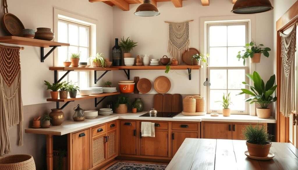 A cozy boho-chic kitchen with open shelving, bathed in warm, natural light filtering through large windows. The shelves display an eclectic mix of ceramic bowls, woven baskets, and potted plants, creating a rustic, lived-in vibe. Wooden accents, such as a floating shelf and a farmhouse-style table, complement the earthy tones of the space. Soft textures, like a macrame wall hanging and a patterned rug, add depth and character. The overall atmosphere is one of relaxed, inviting elegance, perfectly suited for a small, charming kitchen.