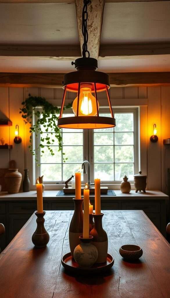 A cozy boho farmhouse kitchen, bathed in a warm, inviting glow. In the foreground, a rustic pendant light casts a soft, amber radiance over a wooden farmhouse table, adorned with eclectic, mismatched candles and ceramic vessels. In the middle ground, a pair of sconce lights flank a large window, their gentle illumination creating a layered, ambient lighting scheme. The background features a mix of natural textures, including exposed beams, whitewashed wood paneling, and trailing plants, all contributing to the overall rustic-eclectic ambiance. The scene exudes a sense of lived-in charm and relaxed sophistication.