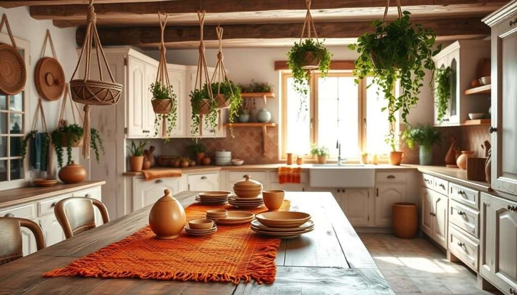A cozy boho-inspired kitchen, bathed in warm, earthy tones. In the foreground, a rustic wooden table is adorned with a vibrant, handwoven textile runner in rich ochre and terracotta hues, complemented by an array of artisanal ceramic dishware in complementary shades. Lush, trailing plants cascade from hanging macrame planters, adding a touch of lively greenery. In the middle ground, weathered white-washed cabinetry contrasts with exposed wooden beams, while a large window floods the space with soft, natural light. The background showcases a backsplash of handmade terracotta tiles in an organic, textured pattern, evoking a sense of warmth and rustic charm. The overall atmosphere is one of cozy, earthy elegance, with joyful pops of color and texture that celebrate the beauty of natural materials.