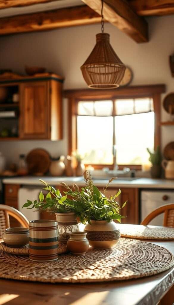 A cozy boho-inspired kitchen setting, bathed in warm, natural lighting. In the foreground, a beautifully styled table arrangement with earthy ceramics, woven textures, and a lush botanical centerpiece. In the middle ground, a glimpse of the kitchen space with its rustic wooden cabinetry, weathered accents, and inviting atmosphere. The background features a softly blurred, sun-dappled window, hinting at the tranquil outdoor scenery beyond. The overall mood is one of serene, inviting comfort, capturing the essence of a beautiful, bohemian-influenced kitchen design.