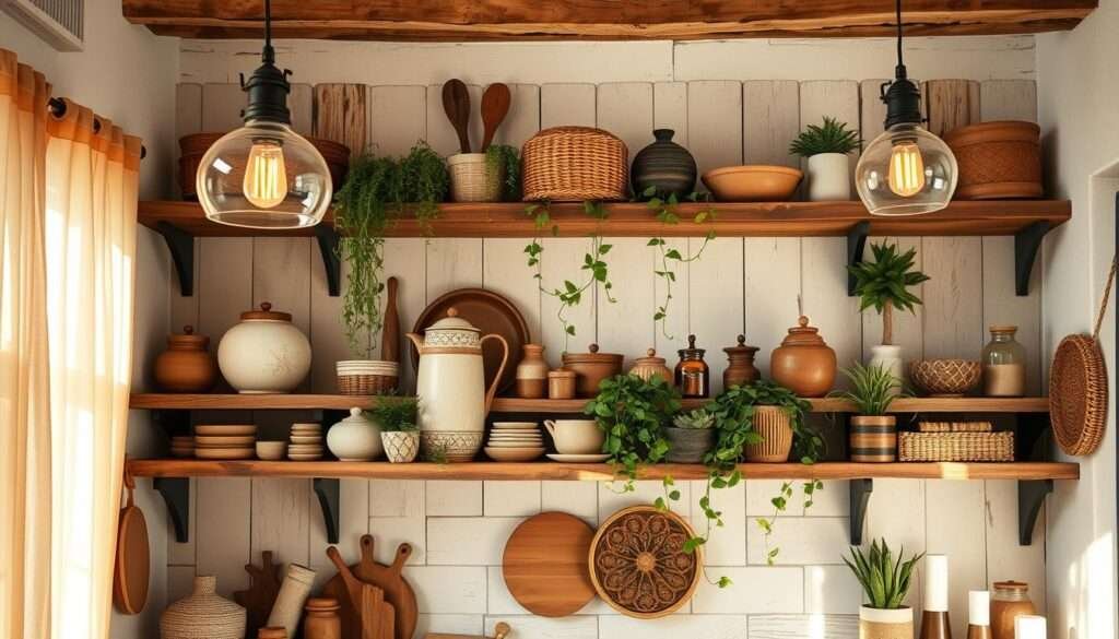 A cozy boho-inspired kitchen with rustic open shelving, filled with an eclectic mix of earthenware, woven baskets, and lush greenery. Warm, natural lighting filters through sheer curtains, casting a soft glow over the weathered wood and textured accents. Vintage-inspired pendant lights hang overhead, complementing the organic materials and casual, inviting atmosphere. Trailing vines and potted succulents add pops of verdant life, blending seamlessly with the neutral color palette and bohemian-chic decor. The shelves display an artful arrangement of everyday kitchen essentials, effortlessly combining form and function in a visually stunning, lived-in space.