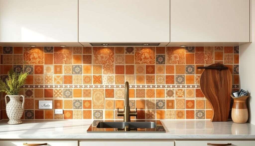 A cozy boho kitchen backsplash with a mix of earthy terracotta tiles, intricate Moroccan-inspired patterns, and textured natural stone accents. The backsplash stretches from the countertop to the ceiling, creating a warm, inviting atmosphere. Soft, diffused lighting casts gentle shadows, highlighting the unique character of each tile. The overall composition has a harmonious, artisanal feel, blending organic shapes and rustic charm. This backsplash serves as the focal point, seamlessly integrating with the rest of the kitchen's boho-chic decor for a timeless, soul-stirring aesthetic.