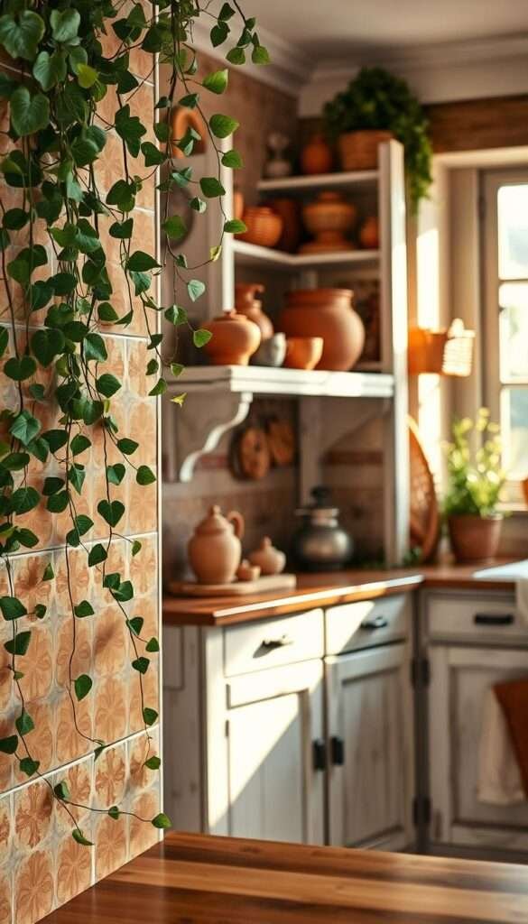 A cozy boho kitchen backsplash with a warm, earthy palette. The foreground showcases hand-painted ceramic tiles in an intricate, organic pattern of terracotta, ochre, and sage green. Trailing vines of ivy and eucalyptus cascade down the backsplash, adding a lush, natural element. The middle ground features a rustic, whitewashed wood shelving unit displaying an eclectic mix of terracotta pots, woven baskets, and weathered ceramic pieces. Soft, natural lighting filters in through a large window, casting a gentle, golden glow and highlighting the textural variations. The background is subtly blurred, suggesting a larger boho-inspired farmhouse kitchen with touches of vintage and reclaimed charm.