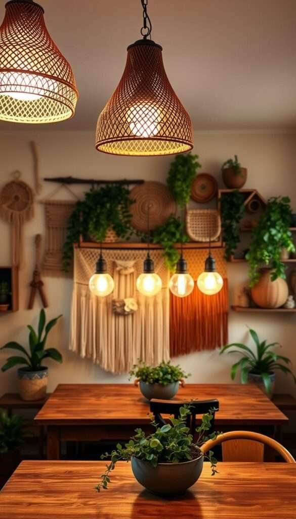 A cozy boho kitchen bathed in a warm, inviting glow. The focal point is a stunning pendant light, its intricate woven shade casting a soft, dappled illumination across the space. In the middle ground, a row of statement globe lights in earthy tones hang above a rustic wood dining table, complementing the overall bohemian aesthetic. The background features a wall adorned with an eclectic mix of macrame, woven wall hangings, and lush greenery, creating a vibrant, texture-rich atmosphere. The lighting is carefully curated to emanate a sense of organic, lived-in charm, perfectly suited for a vibrant, personality-filled boho kitchen.