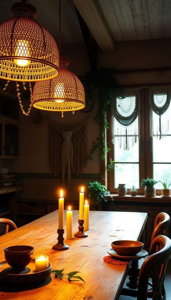 A cozy boho kitchen bathed in the warm glow of layered lighting. Rattan pendant lamps cast a soft amber light, while tapered candles flicker on a rustic wooden table. Trailing vines and macrame wall hangings add organic texture, complemented by earthen ceramic dishes. The scene is illuminated by the inviting radiance of a large window, drawing in natural daylight to create an airy, sun-drenched atmosphere. Hints of greenery and natural wood tones infuse the space with a nature-inspired ambiance. The overall impression is one of relaxed, bohemian comfort and a lived-in, welcoming charm.