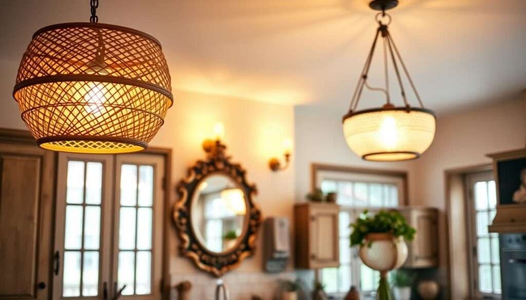 A cozy boho kitchen bathed in warm, ambient lighting. In the foreground, a statement pendant lamp with an intricate rattan shade casts a gentle glow. In the middle ground, a pair of vintage-inspired wall sconces with seeded glass shades flank an ornate mirror, creating a sense of depth and elegance. The background features a low-hanging, globe-shaped chandelier made of natural materials like bamboo or wicker, illuminating the open-concept space. Soft, diffused light filters through large windows, imbuing the scene with a serene, earthy atmosphere. Textures abound, from the weathered wood cabinets to the woven accents, exuding a lived-in, timeless charm.