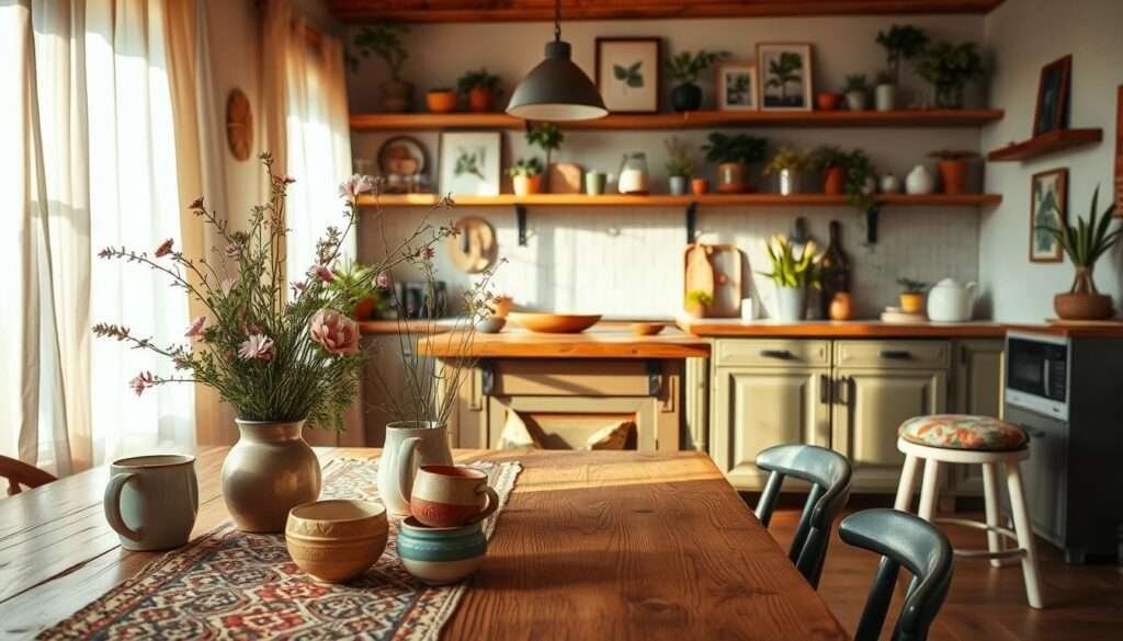 A cozy boho kitchen bathed in warm, golden light filtering through sheer curtains. In the foreground, a rustic wooden table is adorned with a vibrant patterned runner, a vase of freshly picked wildflowers, and an eclectic mix of thrifted ceramic mugs and bowls. The middle ground features a vintage-inspired kitchen island with a distressed wood top, complemented by mismatched stools upholstered in boho-chic textiles. In the background, open shelves display an artful arrangement of potted plants, framed botanical prints, and other found-object decor pieces that bring a sense of laid-back, lived-in charm to the space.