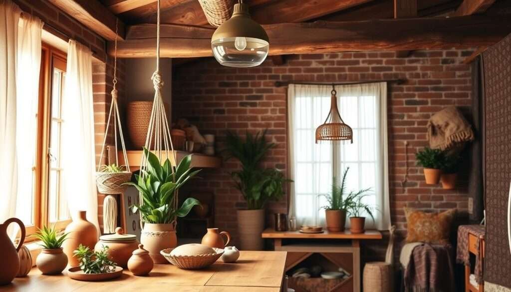 A cozy boho kitchen bursting with warm, earthy tones. The foreground features a wooden kitchen counter with a mix of terracotta, sage, and ochre ceramics, handwoven baskets, and lush greenery in macrame plant holders. The middle ground showcases a large window letting in natural light, with gauzy white curtains gently billowing. The background is filled with exposed brick walls, a rustic wooden beam ceiling, and an array of patterned textiles in bohemian-inspired hues of mustard, rust, and dusty rose. The overall mood is inviting, relaxed, and infused with an artisanal, lived-in charm.