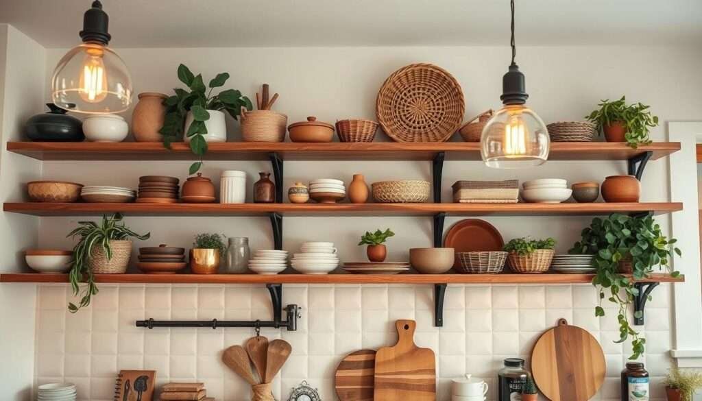 A cozy boho kitchen with open shelves filled with earthy ceramics, woven baskets, and lush greenery. Soft, warm lighting from vintage-inspired pendants casts a gentle glow, creating an inviting and soulful atmosphere. The shelves are arranged with intentional asymmetry, showcasing an eclectic mix of functional and decorative items. Wooden accents and natural textures complement the neutral color palette, while pops of ochre, terracotta, and sage green add depth and character. The overall aesthetic is one of effortless elegance and lived-in comfort, reflecting the owner's personal style and love for nature-inspired design.
