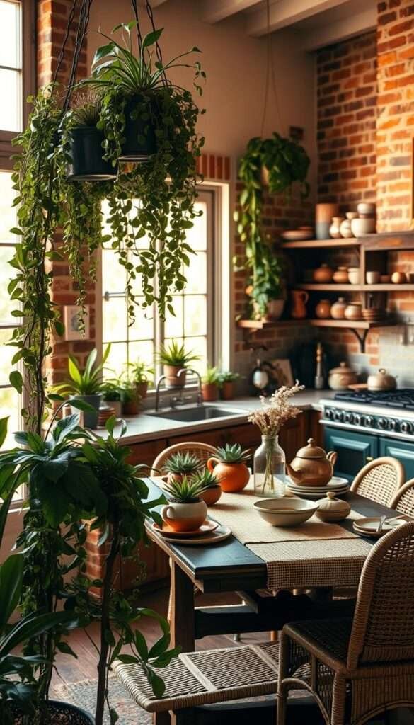 A cozy boho-style kitchen, bathed in warm, natural light filtering through large windows. The foreground features a lush arrangement of potted plants - trailing vines, vibrant succulents, and leafy ferns cascading from floating shelves. In the middle ground, a worn wooden table with a woven runner, complemented by rattan chairs and an eclectic mix of ceramic, glass, and copper cookware. The background showcases exposed brick walls, shelves displaying earthenware, and a vintage oven range with brass accents. The overall atmosphere is one of rustic charm, organic textures, and a harmonious blend of natural materials.