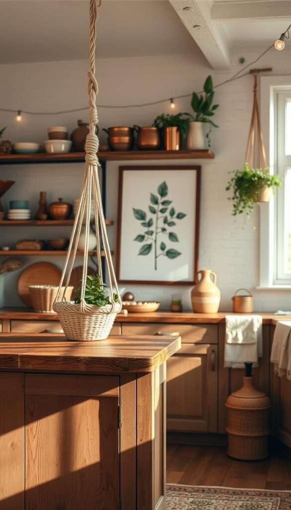 A cozy boho-style kitchen filled with warm, rustic elements. The foreground features a wooden kitchen island with a worn, weathered finish, adorned with a macrame plant holder and a stack of woven baskets. Mid-ground showcases open shelving displaying an eclectic mix of ceramic dishes, copper pots, and earthy-toned accessories. The background highlights a feature wall with a large, framed botanical print, complemented by string lights and a hanging plant. Soft, natural lighting filters in through a large window, casting a gentle glow and creating a relaxed, inviting atmosphere. The overall aesthetic blends organic textures, earthy tones, and handcrafted decor pieces for a truly unique and personalized boho kitchen space.
