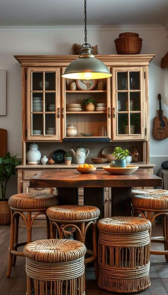 A cozy boho-style kitchen with a vintage wooden hutch in the background, featuring an array of rattan stools gathered around a rustic wood table. Soft, warm lighting from a pendant lamp illuminates the scene, casting a gentle glow. The hutch's distressed finish and glass-paneled doors showcase an eclectic display of ceramics, plants, and other global accents. In the foreground, the rattan stools, with their natural woven textures, invite guests to gather and linger. The overall atmosphere evokes a sense of relaxed, lived-in charm, perfectly capturing the essence of a stylish yet inviting boho-inspired kitchen space.