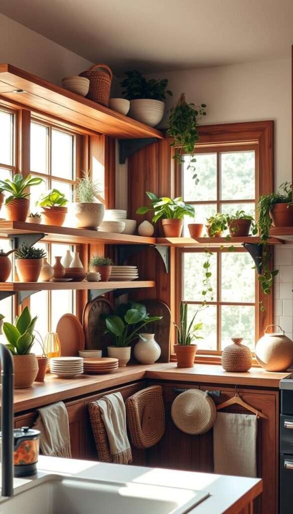 A cozy boho-style kitchen with open wooden shelving displaying a curated collection of potted plants, ceramic bowls, and woven baskets. Warm natural light filters through large windows, casting a soft glow over the rustic wood tones and earthy textures. The shelves are arranged in a visually balanced, asymmetrical pattern, creating an inviting, lived-in feel. A mix of natural materials, including rattan, linen, and terracotta, complement the overall bohemian aesthetic. The scene conveys a sense of tranquility and mindful living, perfect for a DIY boho kitchen project.