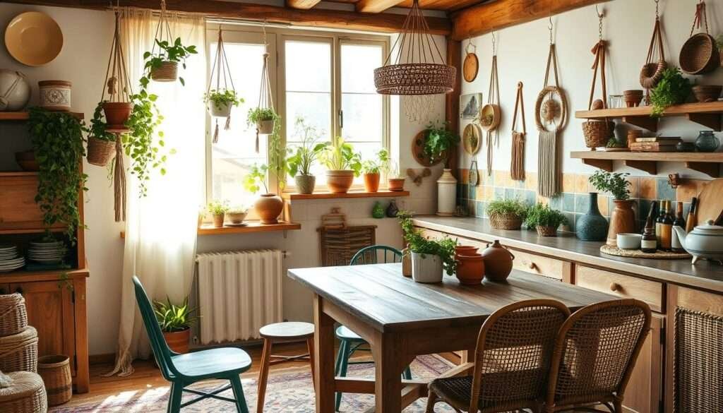 A cozy, budget-friendly boho kitchen with rustic wood accents, macrame plant hangers, and colorful tile backsplash. Warm natural lighting filters through sheer curtains, casting a soft glow over eclectic decor - mismatched vintage plates, clay pots, and woven baskets. The worn wooden table is surrounded by a mix of rattan and painted chairs, creating an inviting, laid-back atmosphere. Trailing vines and potted herbs on the windowsill add lush greenery, while a bohemian area rug and wall hangings infuse the space with boho flair. The overall aesthetic is a harmonious blend of textures, colors, and DIY elements that evoke a relaxed, budget-savvy kitchen oasis.