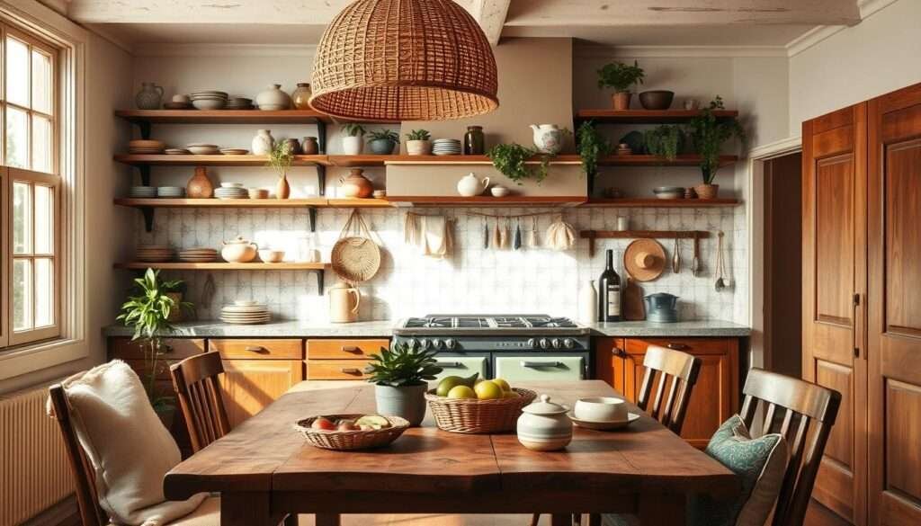 A cozy, chic boho kitchen with warm natural lighting filtering through large windows. In the foreground, a rustic wooden table with a woven rattan pendant lamp overhead, surrounded by mismatched vintage chairs with plush cushions. On the table, a potted plant, ceramic dishes, and a wicker basket filled with fresh produce. The middle ground features open shelving displaying an eclectic mix of earthenware, macrame wall hangings, and hanging plants. In the background, a distressed tile backsplash and a vintage stove nestled between wooden cabinets with brass hardware. The overall atmosphere is relaxed and inviting, with a earthy, lived-in feel.