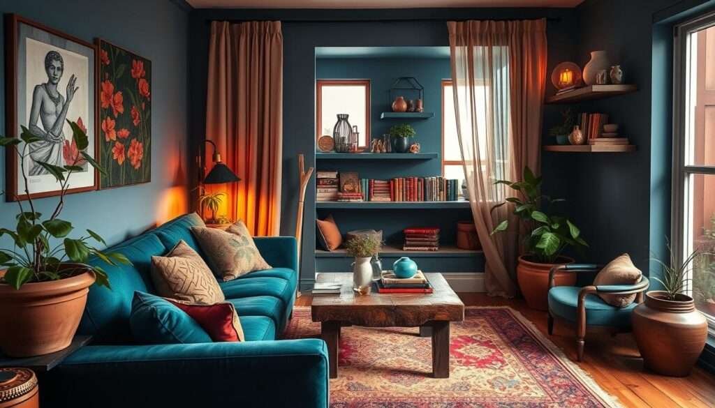 A cozy, color-drenched alcove living room bathed in warm, diffused lighting. In the foreground, a deep teal velvet sofa invites relaxation, flanked by earthy terracotta planters overflowing with lush greenery. The middle ground features a rustic wooden coffee table adorned with jewel-toned throw pillows and a plush, textural area rug in rich jewel tones. The background showcases a charming, recessed window nook painted in a moody, inky blue, accented with floating shelves displaying an eclectic mix of artful ceramics and vintage books. Soft, ambient lighting filters through sheer, flowing curtains, creating a cozy, intimate atmosphere.