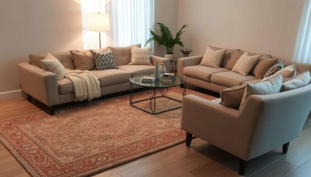 A cozy conversation area with plush, textured area rugs in neutral tones. Soft, diffused lighting casts a warm glow, creating a welcoming ambiance. The rugs define the seating arrangement, adding visual interest and acoustic warmth to the space. Intricate patterns and subtle details elevate the design, while the natural fibers lend a sense of comfort and sophistication. The arrangement is visually balanced, with the rugs complementing the surrounding furniture and decor. An inviting scene that encourages relaxation and conversation.