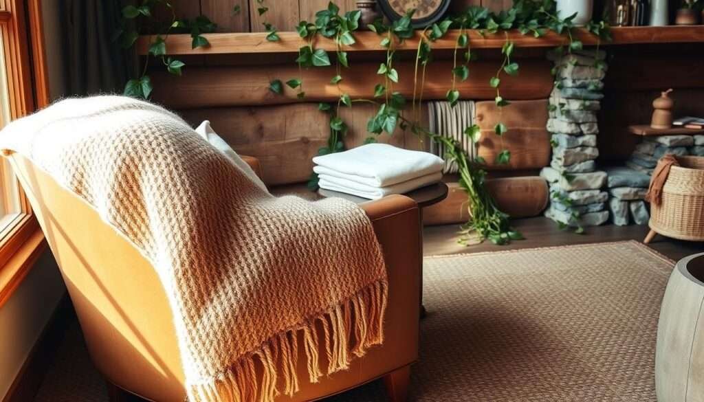 A cozy corner of a rustic living room, bathed in warm, natural light. In the foreground, a lush, textured wool throw blanket in earthy tones cascades over the arm of a plush leather armchair. Behind it, a neatly folded linen throw in a soft, muted palette rests on the cushions. In the middle ground, a woven jute area rug grounds the scene, its intricate patterns adding depth and dimension. Trailing vines and lush greenery spill from a wooden shelf, creating a harmonious, organic atmosphere. The overall mood is one of inviting comfort and modern rustic charm.