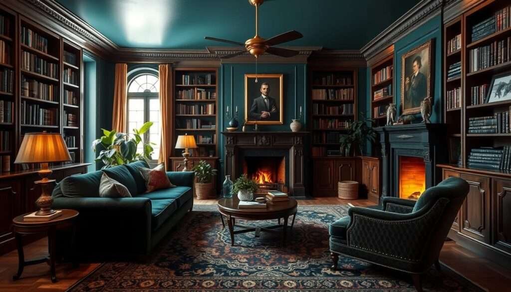 A cozy, dark teal living room with rich jewel-toned accents. Soft, diffused lighting creates a warm, inviting atmosphere, casting gentle shadows across the plush velvet sofa and armchair. Ornate floor-to-ceiling bookshelves line the walls, their wooden frames complementing the teal tones. A large, ornate area rug grounds the space, its intricate patterns adding depth and texture. Lush indoor plants and gleaming brass fixtures offer pops of contrast, while a crackling fireplace casts a flickering glow, evoking a sense of comfort and relaxation. The overall mood is one of sophisticated elegance and enveloping coziness.