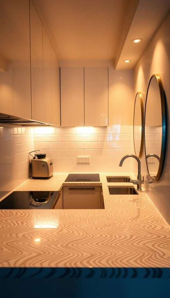 A cozy, diminutive kitchen bathed in warm, soft lighting. The countertops feature a mesmerizing optical illusion pattern that creates the illusion of depth and space. Reflective surfaces on the cabinets and backsplash amplify the sense of openness. Strategically placed mirrors on the walls bounce light around, further enhancing the perception of a larger room. Sleek, minimalist fixtures and a neutral color palette contribute to the airy, uncluttered ambiance. Subtle shifts in tones and textures draw the eye around the space, making it feel more expansive than its modest square footage.