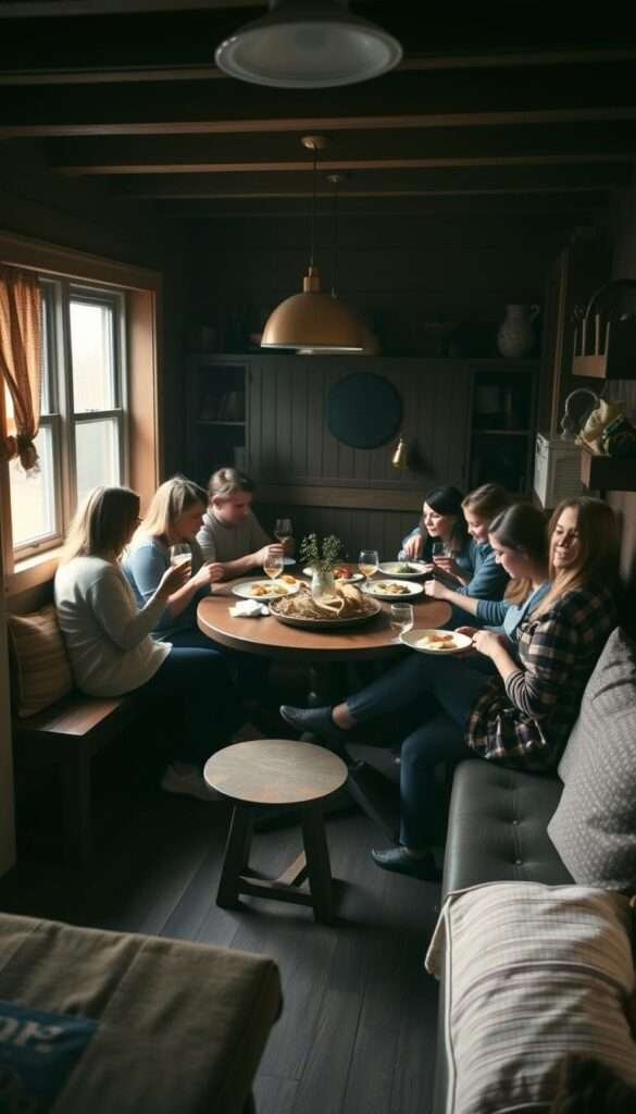 A cozy, dimly-lit kitchen filled with a group of friends gathered around a small, circular dining table. The space is creatively maximized with a bench seat along one wall, allowing more people to fit comfortably. Soft, warm lighting casts a friendly glow, and the table is adorned with a simple, rustic centerpiece. The guests are engaged in lively conversation, plates and glasses in hand, savoring a homemade meal together in the intimate setting. Subtle textures and materials, such as weathered wood and textured fabrics, add depth and character to the scene. The overall mood is one of warmth, conviviality, and the joy of sharing a meal in close quarters.