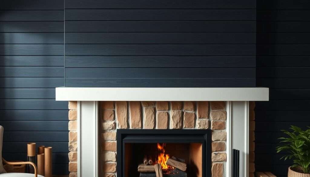 A cozy farmhouse fireplace mantel, adorned with a moody navy shiplap backdrop. The shiplap has a weathered, distressed texture, subtly reflecting the warm glow of the fireplace. The shiplap extends along the wall, creating a cohesive, rustic-chic ambiance. Soft, diffused lighting filters through the space, casting gentle shadows and highlighting the unique grain patterns of the wood. The overall scene evokes a sense of peaceful, inviting comfort, perfectly complementing the room's earthy, muted color palette.