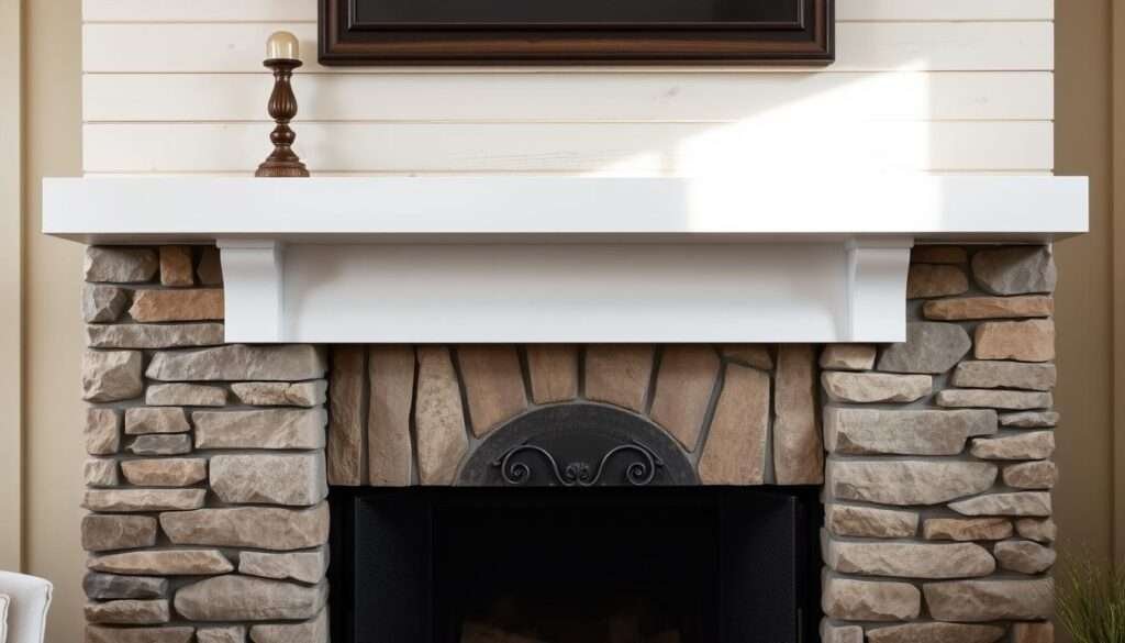 A cozy farmhouse fireplace with a rustic stone surround and a shiplap mantel. The fireplace is bathed in warm, natural lighting, casting a soft glow across the layered textures. The stone wall features a mix of gray and beige hues, complemented by the crisp white shiplap above. The mantel is adorned with simple, weathered decor, creating a harmonious blend of rustic and refined elements. The overall composition evokes a sense of timeless charm and comfortable farmhouse style.