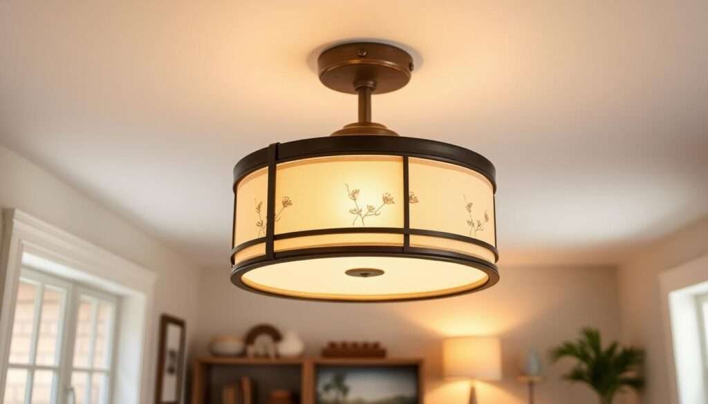 A cozy farmhouse-inspired flush mount light fixture, its rustic metal frame softly illuminating a small, inviting living room. The light casts a warm, ambient glow, complementing the room's neutral color palette and natural wood accents. Delicate floral patterns on the shade add a touch of country charm, while the simple yet elegant design fits seamlessly into the space. The light is positioned centrally, providing even illumination for a intimate, space-efficient layout perfect for relaxation.