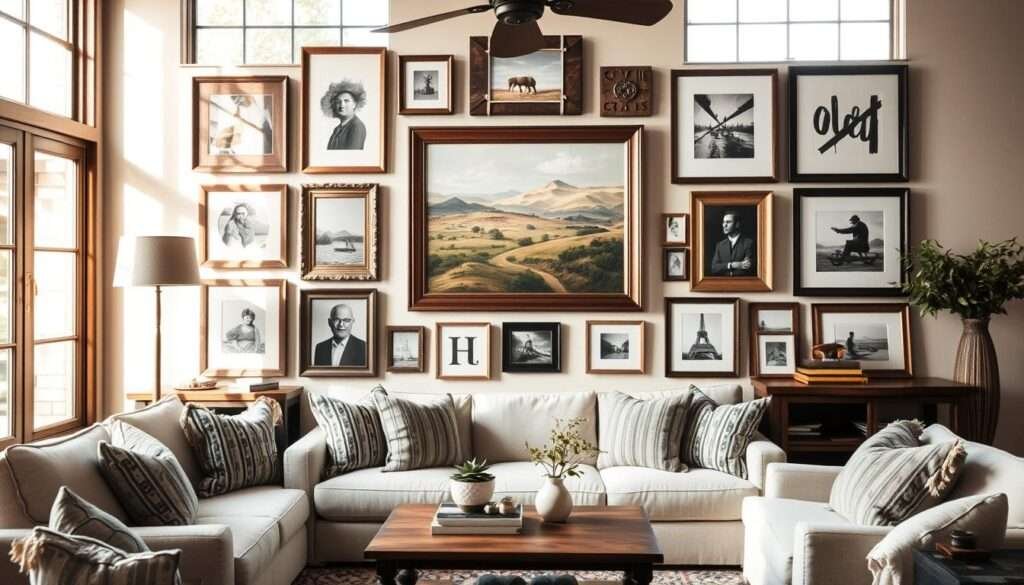 A cozy farmhouse-inspired living room features a meticulously curated gallery wall, showcasing an eclectic mix of framed artwork, photographs, and rustic decorative elements. The wall is bathed in warm, natural lighting filtering through large windows, creating a serene and inviting atmosphere. The frames are a harmonious blend of muted, earthy tones that complement the overall farmhouse aesthetic. Anchoring the display is a stunning focal point, a large, beautifully framed landscape painting that draws the eye and sets the tone for the space. Smaller pieces, such as vintage-inspired prints and black-and-white photography, are arranged in a visually striking, asymmetrical layout, adding depth and interest to the gallery wall. The overall impression is one of effortless sophistication, where the carefully curated art pieces reflect the homeowner's personal style and create a visually captivating centerpiece for the farmhouse living room.