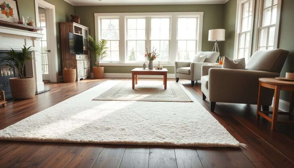 A cozy farmhouse-inspired living room with a layered rug arrangement. In the foreground, a plush, off-white area rug with subtle botanical patterns rests on a rustic wood floor. Atop it, a smaller, neutral-toned vintage-style rug adds visual interest and defines a central seating area. Soft, natural light filters in through large windows, casting a warm, inviting glow. The walls are painted in a soft, muted shade of green, complementing the earthy tones of the textiles. Minimal, farmhouse-style furnishings, including a distressed wood coffee table and a pair of linen-upholstered armchairs, create a relaxed, intimate ambiance. The overall effect is a harmonious blend of textures and tones that visually separates the living space within the small room.