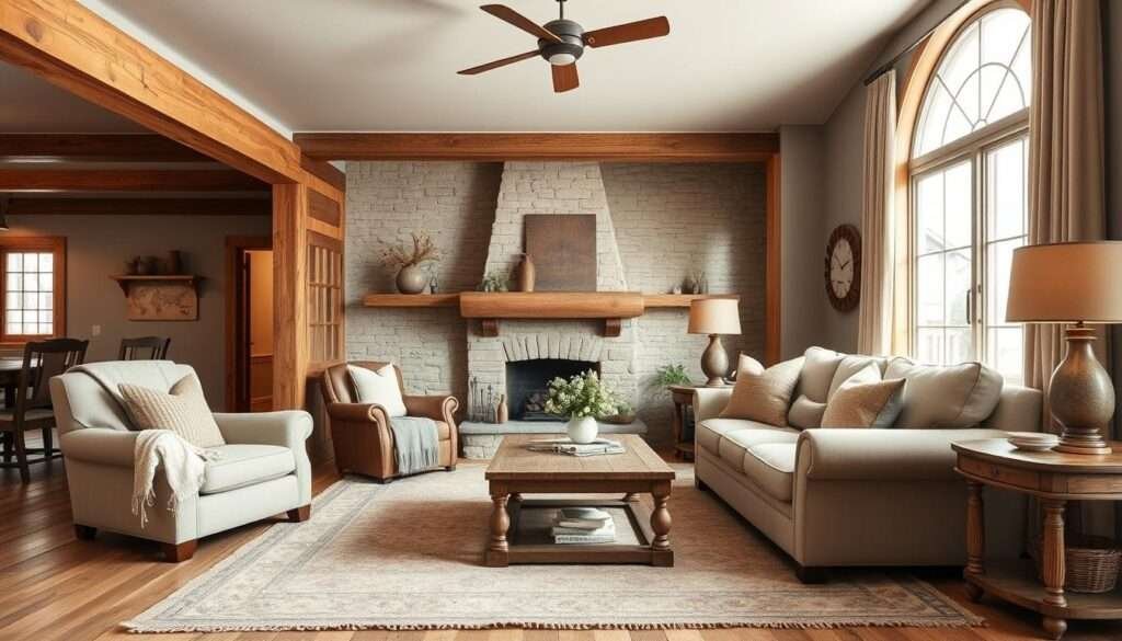 A cozy farmhouse-inspired living room with a plush armchair and loveseat arrangement in a warm, neutral color palette. The room features exposed wood beams, a stone fireplace, and a large window that floods the space with natural light. Soft textures like woven throws and plush area rugs create a inviting atmosphere. Rustic accents like a wooden coffee table and weathered side table add charming details. The layout optimizes flow and function with ample seating and pathways. Lighting is a combination of natural daylight and soft, ambient lamps. The overall mood is one of comfort, coziness, and farmhouse-chic style.