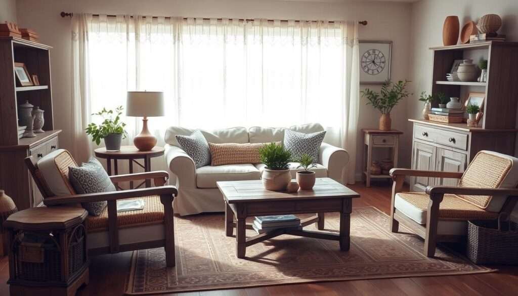 A cozy farmhouse-inspired living room with a slipcovered sofa and a pair of plush armchairs in a warm, inviting atmosphere. The room is bathed in soft, natural light filtering through lace curtains, creating a gentle, relaxed ambiance. The sofa is covered in a neutral linen slipcover, complemented by distressed wood farmhouse-style accent chairs with woven seats. A rustic, weathered wood coffee table and end tables ground the space, while a vintage area rug anchors the seating arrangement. Decorative elements like potted plants, woven baskets, and subtle farmhouse accents add character and charm to the intimate, well-curated living area.