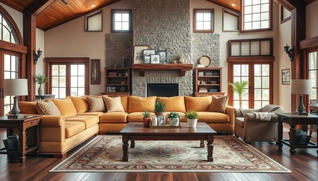 A cozy farmhouse-inspired living room with an open concept layout. Featuring a large, plush L-shaped sofa in a warm, neutral tone positioned in the foreground, accented by rustic wooden end tables and a vintage-inspired area rug. In the middle ground, a wooden coffee table adorned with potted plants and a decorative vase. The back wall showcases a grand, stone fireplace with a classic mantel, bathed in soft, natural lighting pouring in from large windows on either side. The overall atmosphere is one of inviting comfort and rustic elegance, creating a space that seamlessly blends the indoors and outdoors.