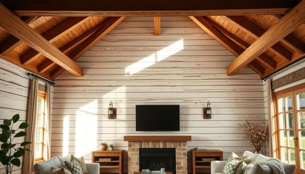 A cozy farmhouse-inspired living room with rustic shiplap walls bathed in warm, natural lighting. The shiplap runs horizontally, creating a timeless, textural backdrop that complements the exposed wooden beams on the ceiling. The walls have a weathered, distressed finish, adding to the authentic, lived-in charm. Soft, neutral tones and natural wood tones create a serene, inviting atmosphere, perfect for a relaxing afternoon. The scene is captured from a slightly elevated angle, allowing the architectural details to be the focal point, showcasing the beauty and character of the space.