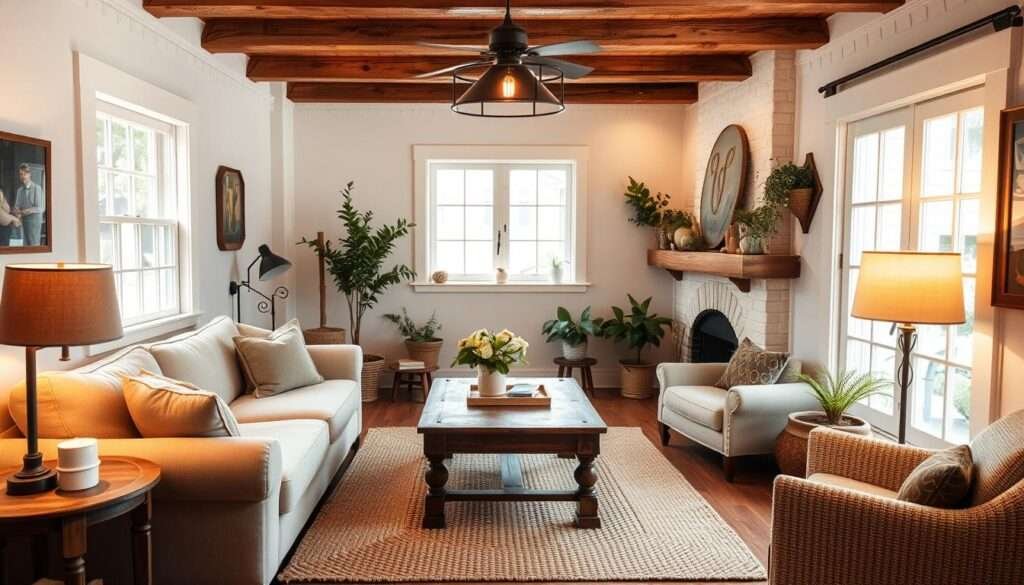 A cozy, farmhouse-inspired small living room layout with natural lighting and a comfortable, inviting atmosphere. The room features a plush, neutral-toned sofa with accent pillows, a rustic wood coffee table, and a cozy armchair. Warm lighting from a hanging pendant lamp and a floor lamp creates a welcoming ambiance. Wooden beams on the ceiling and a decorative fireplace mantel add farmhouse charm. Potted plants and a woven rug complete the space, making it feel both stylish and practical for a small-scale living area.