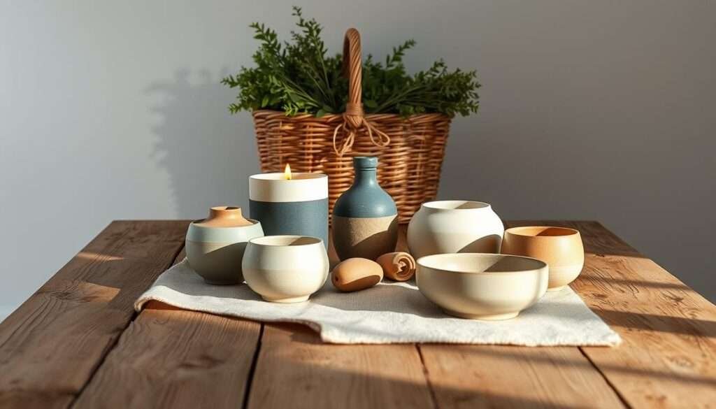 A cozy farmhouse-inspired still life, showcasing a selection of natural, rustic materials. In the foreground, a weathered wooden plank table, its surface adorned with a textured linen runner. Atop the table, an assortment of earthy ceramics in muted tones of cream, sage, and charcoal, complemented by the warm glow of a beeswax candle. In the middle ground, a woven rattan basket filled with freshly harvested greenery, casting soft shadows on the tabletop. The background is a tranquil, neutral-toned wall, allowing the rich textures and organic forms to take center stage. The lighting is soft and diffused, creating a warm, inviting atmosphere that embodies the essence of rustic farmhouse style.