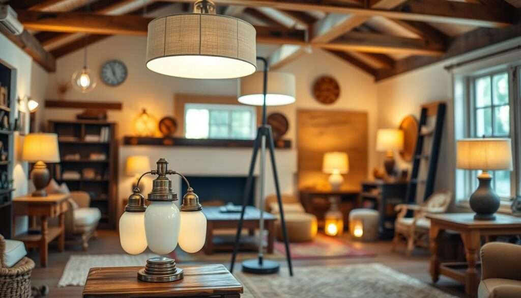 A cozy farmhouse interior, illuminated by an array of rustic lamps. In the foreground, a pair of vintage-inspired table lamps with opal glass shades and bronze accents sit atop a sturdy wooden side table, casting a warm, ambient glow. In the middle ground, a floor lamp with a metal frame and linen shade stands tall, providing both task and mood lighting. Surrounding these focal points, the background features a mix of natural textures, such as exposed wooden beams, woven area rugs, and neutral-toned walls, creating an inviting and harmonious atmosphere. The lighting design effortlessly blends functionality and farmhouse charm, setting the stage for a relaxing and comfortable living space.