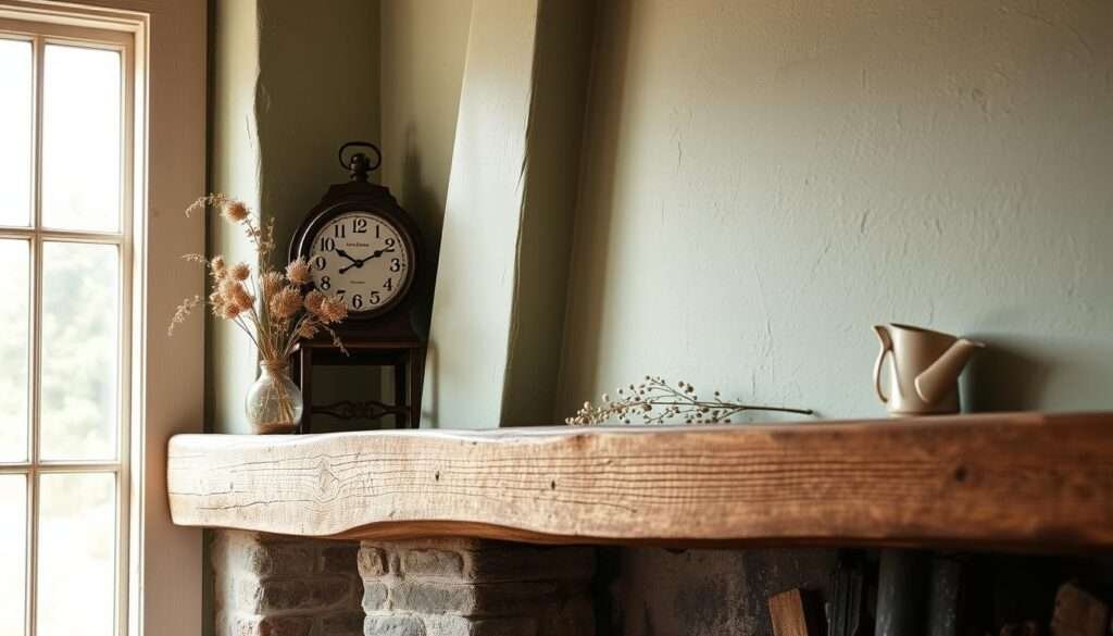 A cozy farmhouse interior with a warm, inviting color palette. A close-up of a weathered wooden mantelpiece, adorned with rustic accents like a vintage clock and dried florals. Soft, natural lighting streams in through nearby windows, casting a gentle glow on the subtly textured walls in a soothing shade of sage green. The overall atmosphere is one of comfort and timeless charm, perfectly complementing the crackling fireplace and creating a welcoming space for relaxation.