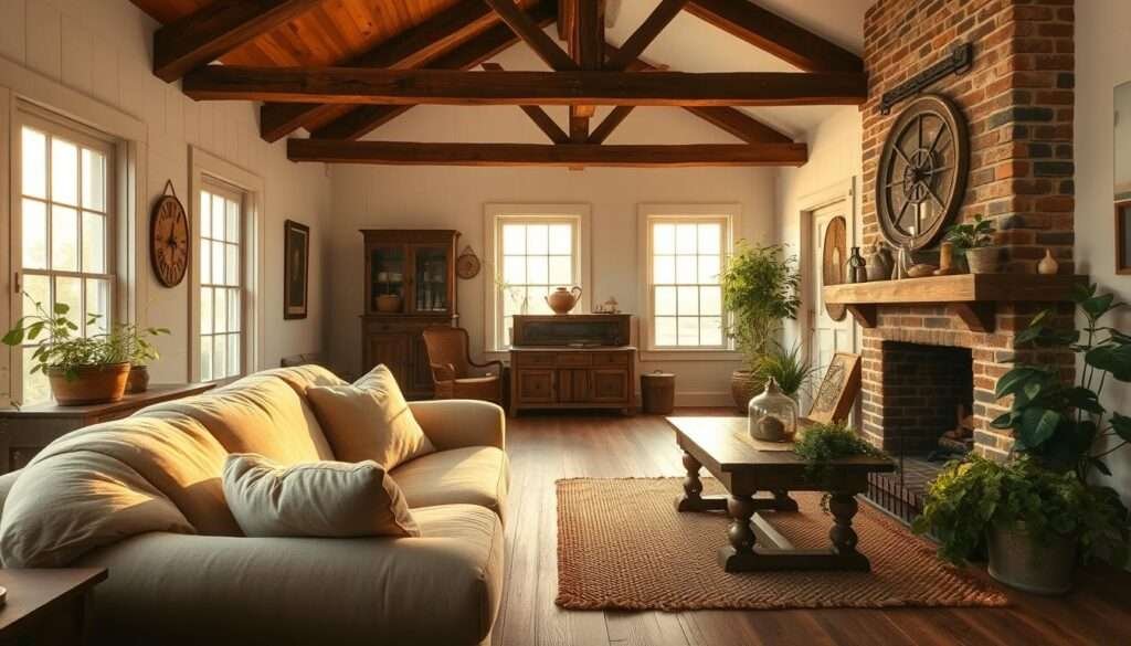 A cozy farmhouse interior with warm lighting and a rustic charm. In the foreground, a plush, overstuffed sofa in neutral tones sits before a brick fireplace, its mantel adorned with vintage décor. Antique wooden furniture and a distressed coffee table occupy the middle ground, while natural fiber rugs and lush plants add texture. Large windows in the background flood the space with soft, golden light, casting a serene, inviting atmosphere. Wooden beams and whitewashed walls complete the quintessential farmhouse aesthetic, creating a harmonious, lived-in ambiance perfect for relaxation and contentment.