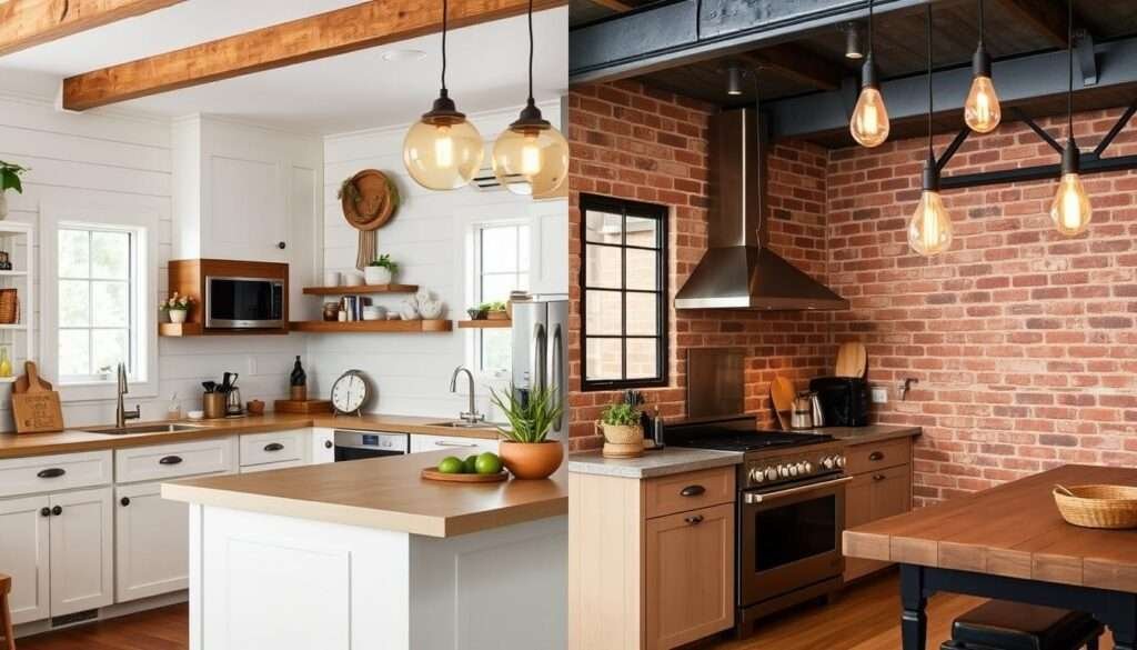 A cozy farmhouse kitchen with shiplap walls, farmhouse-style cabinets, and warm pendant lighting contrasts with an industrial-chic kitchen featuring exposed brick, steel appliances, and Edison bulb pendant lights. The farmhouse kitchen has a rustic, inviting atmosphere, while the industrial kitchen radiates a sleek, modern vibe. Both spaces incorporate natural textures like wood and greenery for a cohesive boho aesthetic. The image captures the distinctive styles and moods of these two boho kitchen approaches, allowing the viewer to envision how each would suit their personal design preferences.