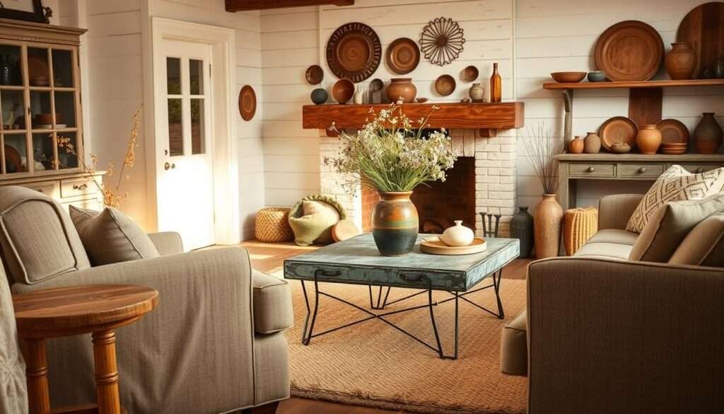 A cozy farmhouse living room bathed in soft, golden light. In the foreground, an overstuffed armchair upholstered in textured linen, complemented by a rustic wooden side table topped with a handcrafted ceramic vase filled with wildflowers. In the middle ground, a distressed, galvanized metal coffee table sits atop a plush, neutral-toned area rug, surrounded by a mix of antique and artisanal accents, including a weathered wooden bench and a collection of pottery pieces in earthy tones. The backdrop features whitewashed shiplap walls, complemented by the warm glow of a crackling fireplace and the rich, textural details of vintage wall decor.