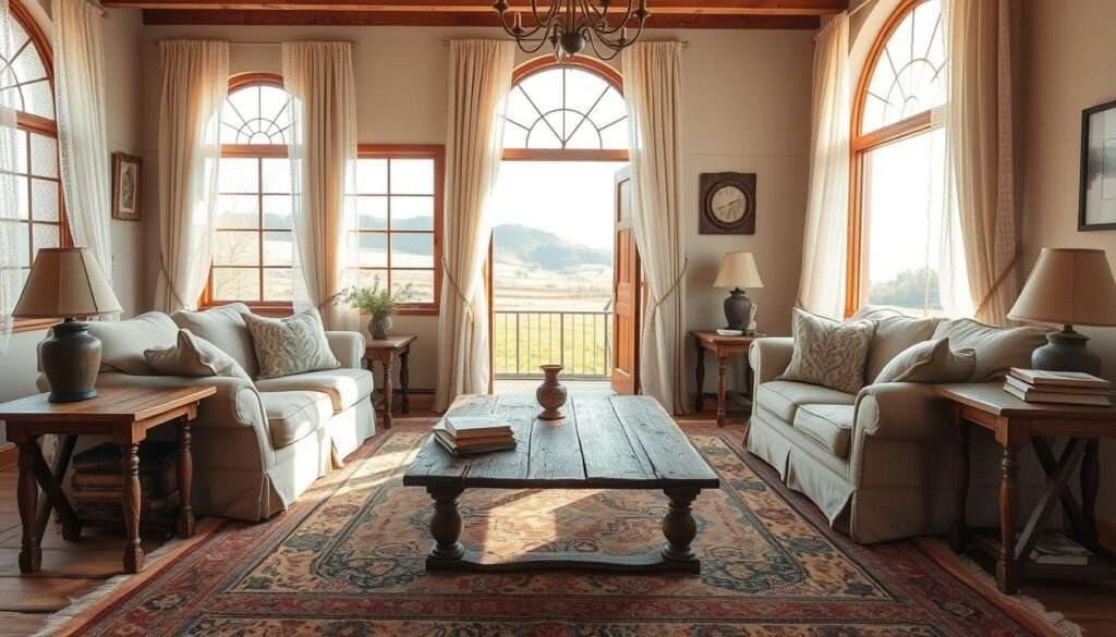A cozy farmhouse living room bathed in soft, warm lighting filtering through lace curtains. A plush, overstuffed sofa and armchair in neutral tones invite relaxation, surrounded by weathered wooden end tables and a sprawling, antique area rug. In the center, a rustic coffee table displays a scattering of vintage books and a gnarled candle holder. Tall, arched windows frame a tranquil, pastoral scene beyond, hinting at the lush greenery and rolling hills of the countryside. The overall atmosphere exudes a sense of timeless comfort and lived-in charm.