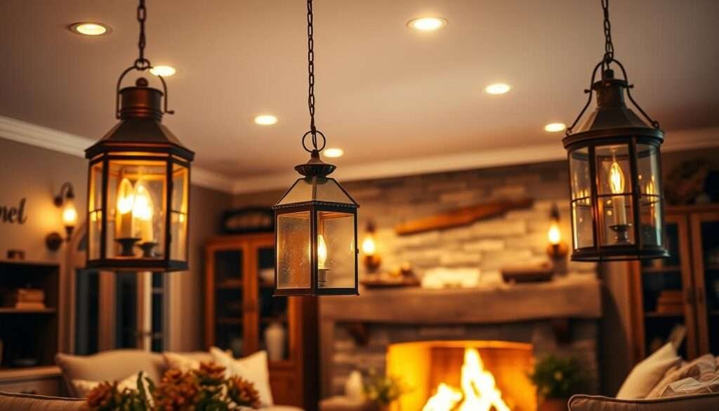 A cozy farmhouse living room, bathed in the warm glow of antique lanterns and sconces. Soft, amber light filters through aged metal and glass, casting a gentle luminance across the room. Recessed lighting in the ceiling adds a subtle, glowing backdrop, creating a layered, inviting atmosphere. The fireplace crackles in the distance, its flames dancing and casting flickering shadows. A vintage, rustic aesthetic pervades the space, with weathered wood accents and natural textures complementing the radiant lighting. The overall mood is one of comfort, charm, and a sense of timeless elegance.
