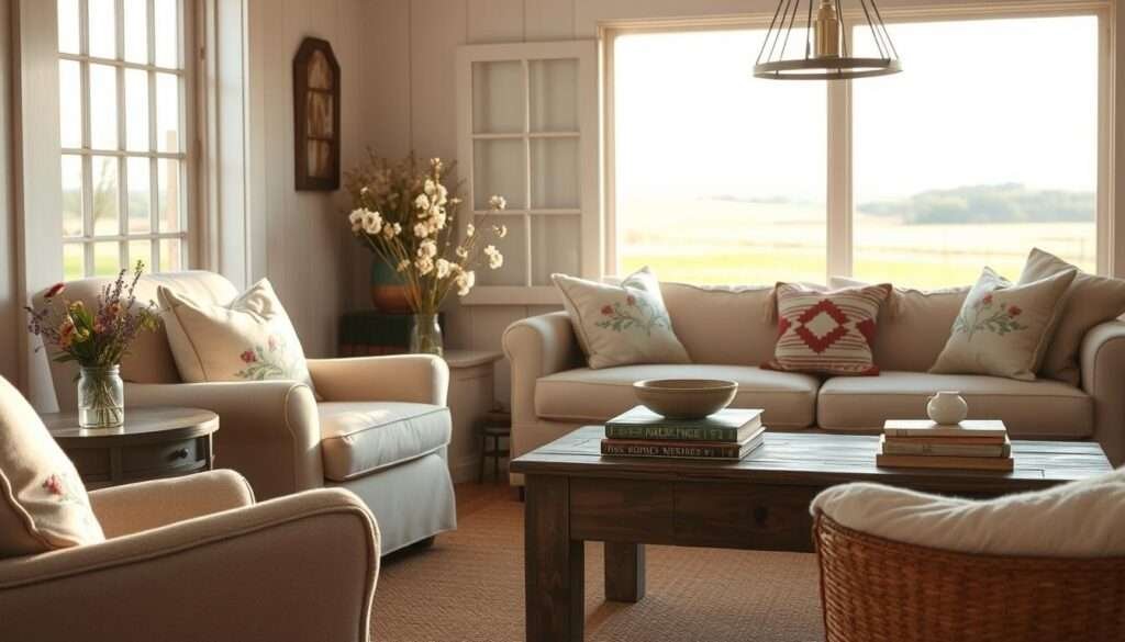 A cozy farmhouse living room bathed in warm afternoon light, with soft summer accents in muted tones. In the foreground, a plush linen armchair accented with hand-stitched floral throw pillows. Nearby, a rustic end table displays a simple glass vase filled with freshly cut wildflowers. The middle ground features a weathered wood coffee table, topped with stacks of vintage books and a decorative ceramic bowl. In the background, a large window frames a picturesque pastoral scene, hinting at the season's gentle breezes. The overall mood is one of relaxed comfort and natural harmony, inviting the viewer to pause and savor the simple pleasures of summer.