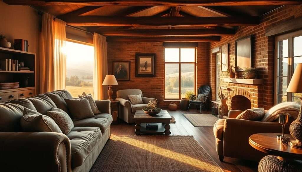 A cozy farmhouse living room, bathed in warm, golden light filtering through sheer curtains. The foreground features plush, textured furnishings - a deep, weathered leather sofa, an overstuffed armchair, and a hand-woven area rug underfoot. Pops of muted, earthy tones in the throw pillows and blankets create a inviting, lived-in ambiance. In the middle ground, rustic wooden beams and exposed brick walls lend a charming, historic character. Vintage lamps, framed art, and a crackling fireplace complete the intimate, homey atmosphere. The background reveals a panoramic view of rolling hills and lush foliage, blurring the boundaries between indoors and out, for a serene, pastoral escape.