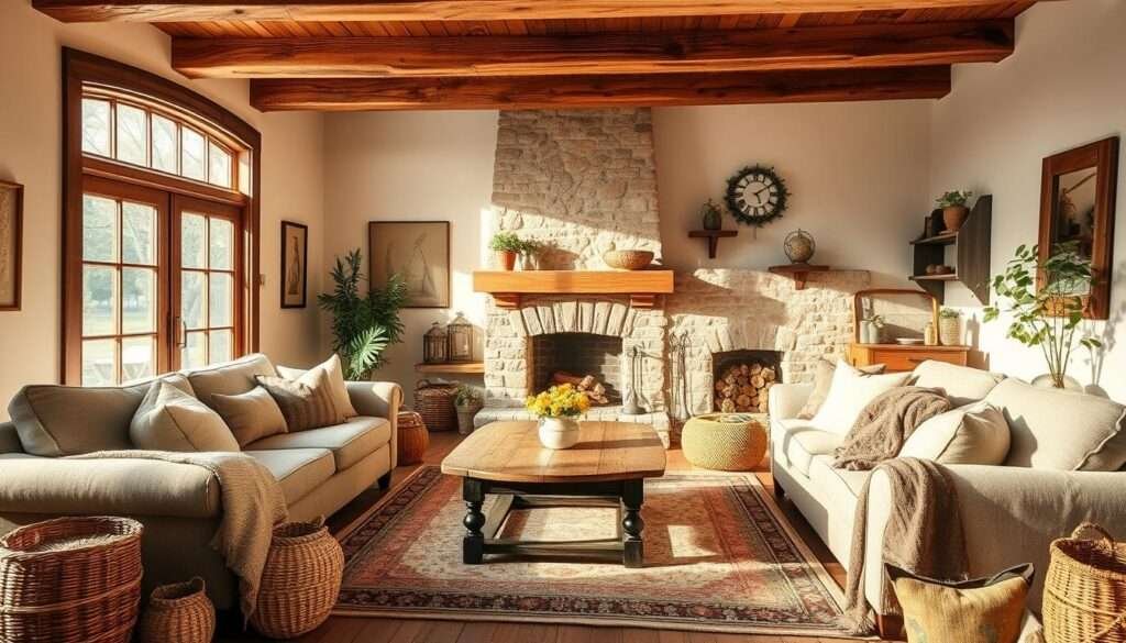 A cozy farmhouse living room bathed in warm, golden light from a large window. Plush linen-upholstered seating, a rustic wooden coffee table, and an antique area rug create a inviting, textured ambiance. Decorative throws, pillows, and woven baskets add layers of comforting farmhouse charm. A stone fireplace with a simple mantel serves as the room's focal point, casting a soft glow. The walls are painted in a soft neutral shade, complemented by exposed wooden beams overhead. Potted plants and vintage-inspired decor lend a homespun, lived-in feel, evoking a sense of timeless comfort.