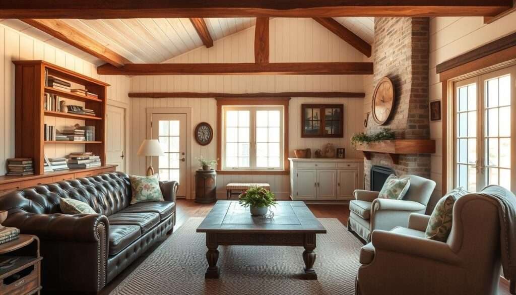 A cozy farmhouse living room bathed in warm, golden light streaming through large windows. Rustic wooden beams and whitewashed walls create a charming, inviting atmosphere. A plush, tufted leather sofa and an antique coffee table with distressed wood top sit atop a woven area rug. Wooden shelves display a collection of vintage books and decorative pieces. Comfortable, overstuffed armchairs in neutral tones flank the fireplace, with a mantel decorated with fresh greenery. The room has a lived-in, welcoming feel, perfect for relaxing and entertaining.
